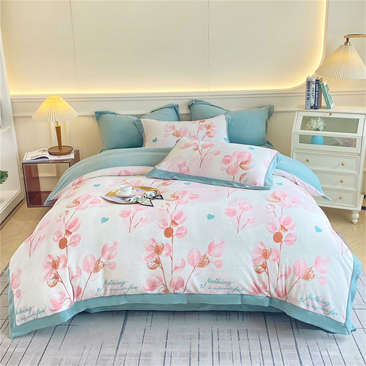 梦特娇大版印花牛奶绒四件套床上用品加厚双面冬季珊瑚法莱被套床单