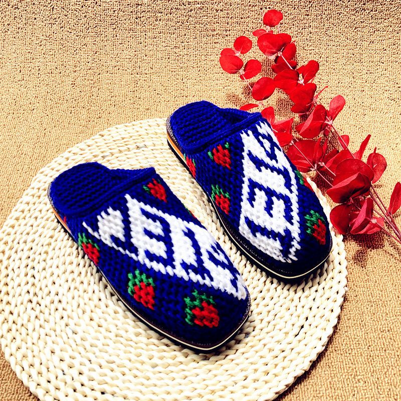 钩好的毛线拖鞋成人成品男女家居拖鞋防滑毛线秋冬拖鞋结婚喜庆鞋女款