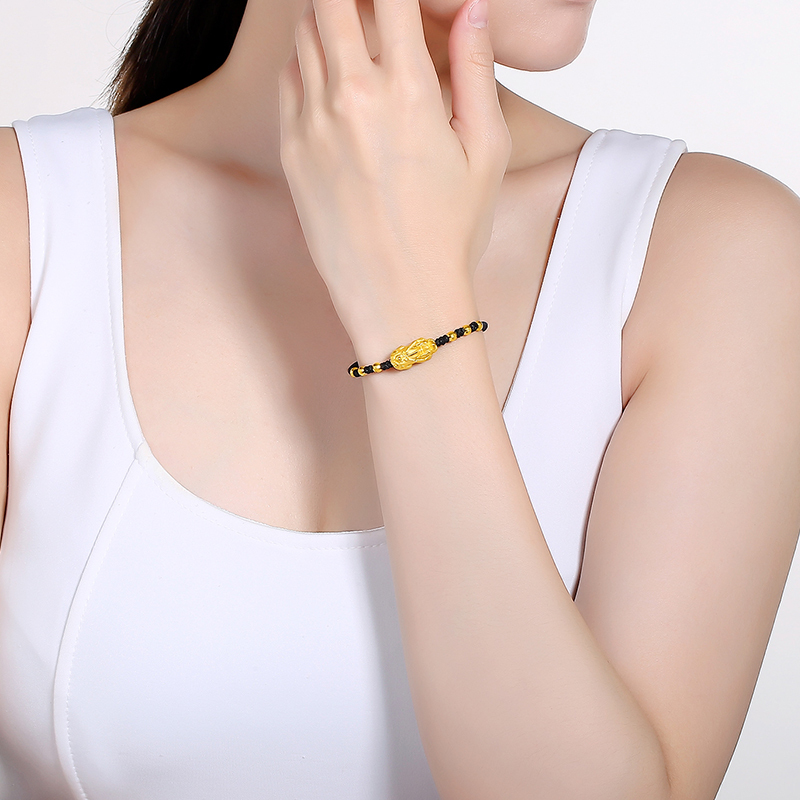 zhouliufu周六福珠宝3d硬金黄金手链男女款情侣手绳金珠手串黄金貔貅