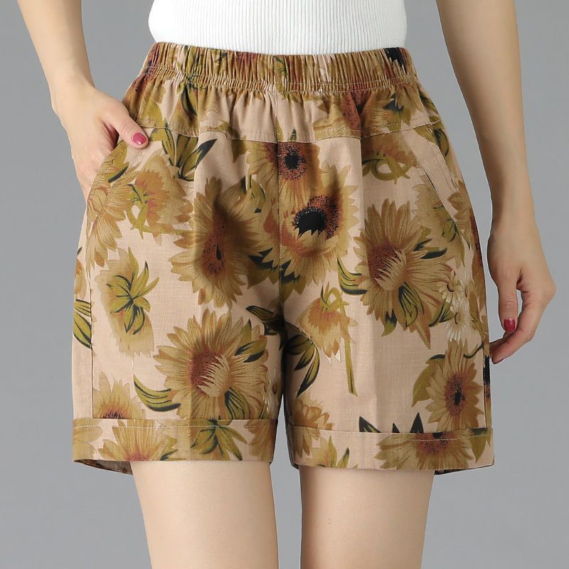 中年妈妈短裤外穿夏季中老年花色女裤高腰宽松夏天棉麻休闲五分裤花色