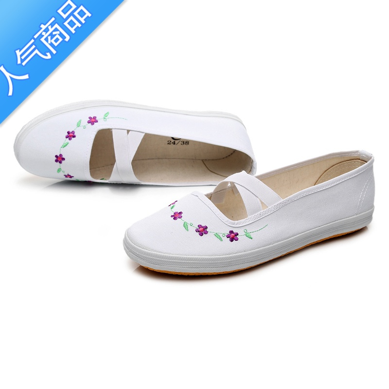 女款小白鞋绣花帆布鞋女学生舞蹈演出表演鞋护士工作鞋软底白布鞋