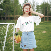 刺绣衣服女夏季新款韩版短袖T恤女士荷花袖上衣女装 XL 白色