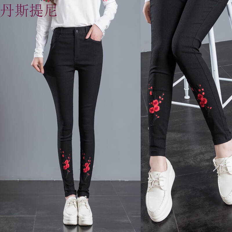 2018春秋薄款外穿打底裤女单裤绣花紧身休闲裤显瘦弹力小脚铅笔裤
