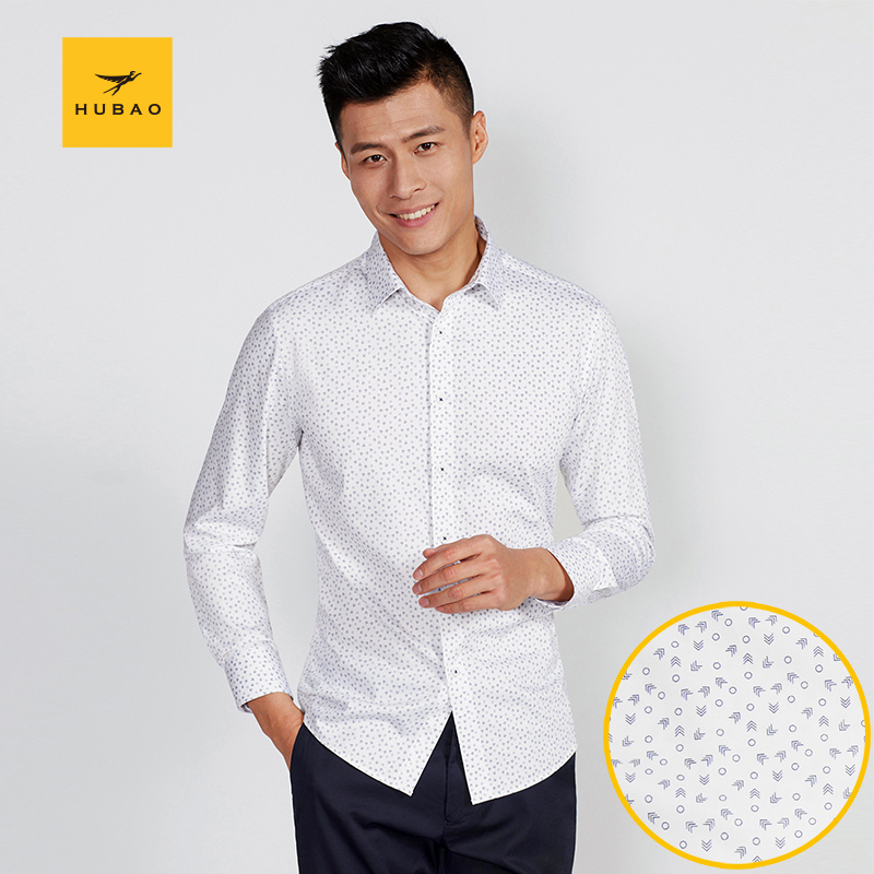 虎豹男士长袖印花竹纤维衬衫花白修身尖领时尚休闲衬衣