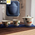 三维工匠汝窑快客杯一壶两杯 日式陶瓷整套功夫茶具套装 两人便携旅行泡茶 仿古快客杯+旅行包—柿柿如意
