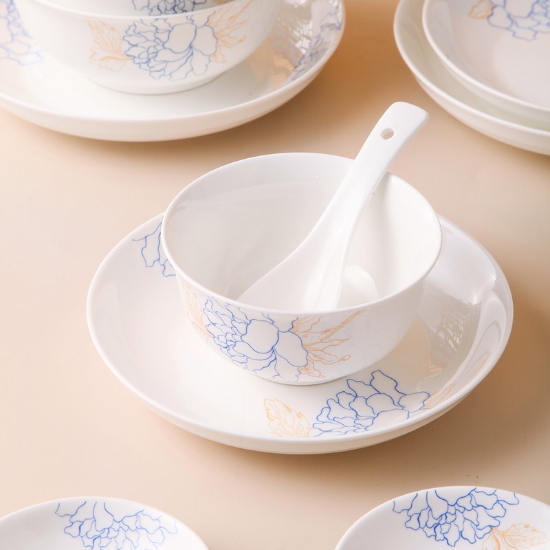 松发陶瓷餐具套装家用碗碟套装中国风蓝宝牡丹32件套礼盒装