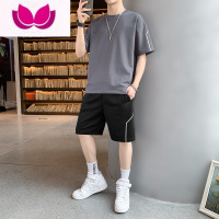 七斓潮牌短袖t恤男士夏季休闲运动冰丝短裤套装男装搭配一套痞帅夏夏 M HH0816-深灰色一套