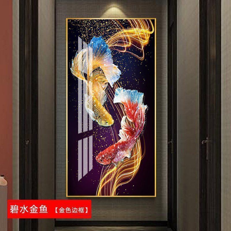九鱼图玄关装饰画走廊过道挂画客厅酒店风水新中式画壁画 碧水金鱼（金色边框） 60*120cm晶瓷画(晶瓷工艺+金_807