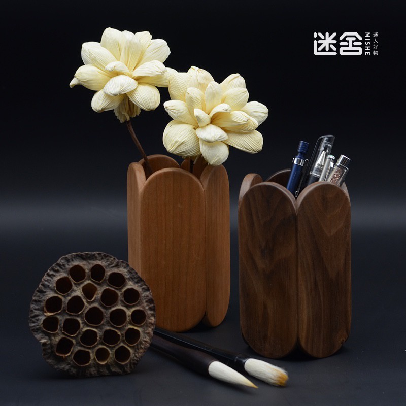 木头笔筒刻字定制原木实木质复古中国风木制黑胡桃木中式个性创意 三维工匠 榉木新品高清大图