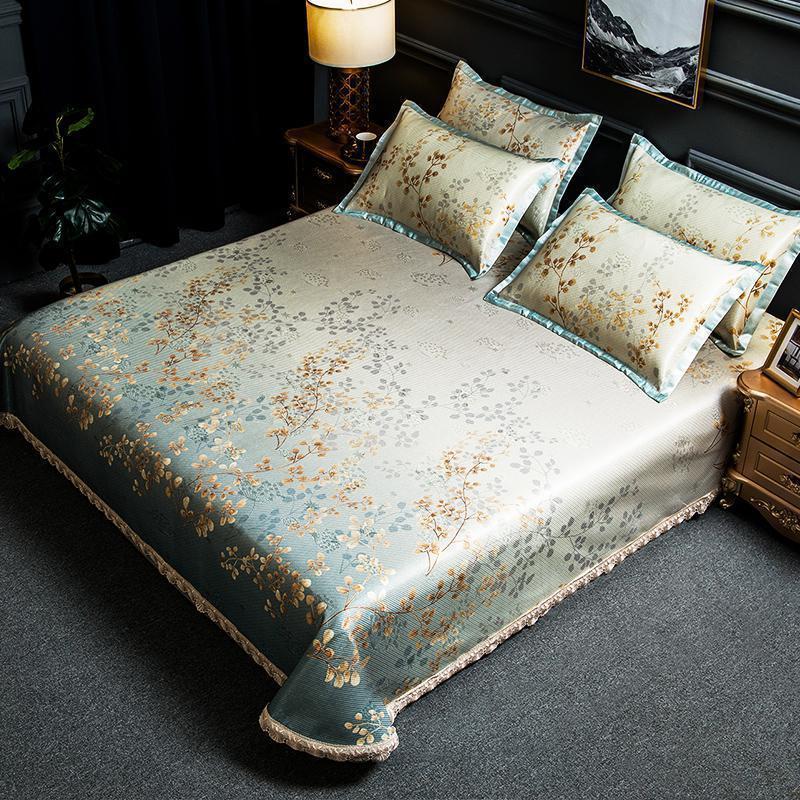 家柏饰(CORATED)床裙冰丝凉席三件套1.8m床可水洗折叠夏季1.5米可机洗空调软席子 一叶知秋-金（送防滑垫） 1.8*2.2m床