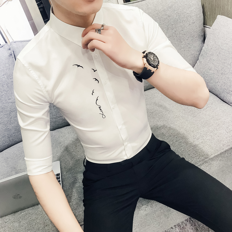 雅痞英伦绣花中袖衬衫青年韩版修身夜店公子美师型男七分袖衬衣