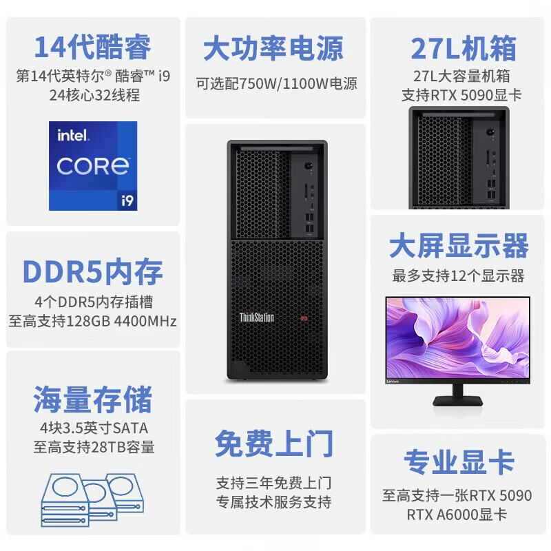 联想ThinkStationP3TowerGen2图形工作站i9-14900K/128G/1T固态8T RTX5090高清大图