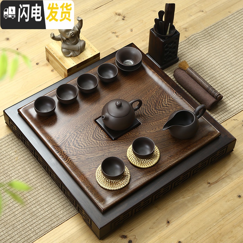 三维工匠鸡翅实木茶盘紫砂壶功夫茶具套装家用整代排水简约茶台 鸡翅木四方聚福单盘 2件高清大图