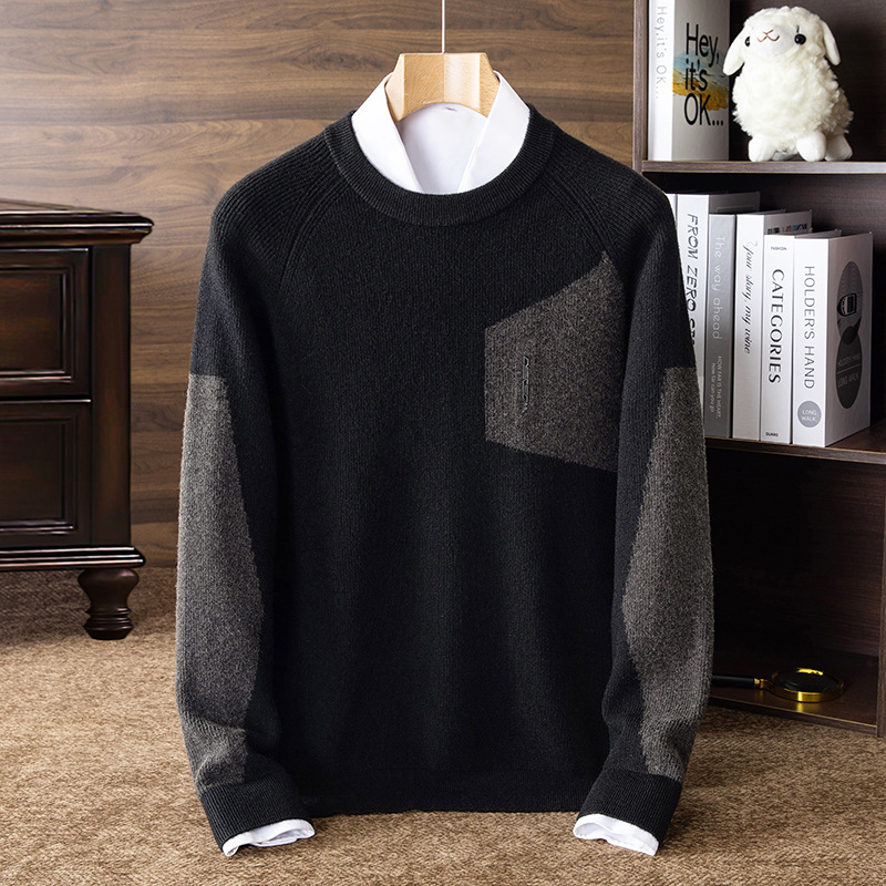 重磅复古美式拼色毛衣男秋冬新款休闲加厚保暖宽松大码男士羊毛衫_0651 黑色 170/L-推荐115-130斤
