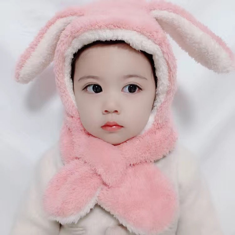 儿童帽子女护耳帽女童男童秋冬婴幼儿围巾围脖一体毛绒冬季_181_609 豪华粉色兔耳朵L码：4-12岁头围50-60