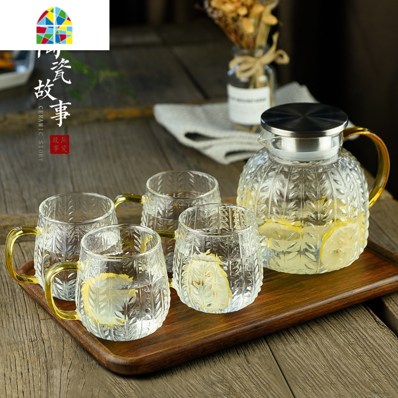 冷水壶玻璃可高温北欧创意凉开水杯套装扎壶大容量凉水壶 FENGHOU 秋泉壶1300ml+冰晶杯*2高清大图