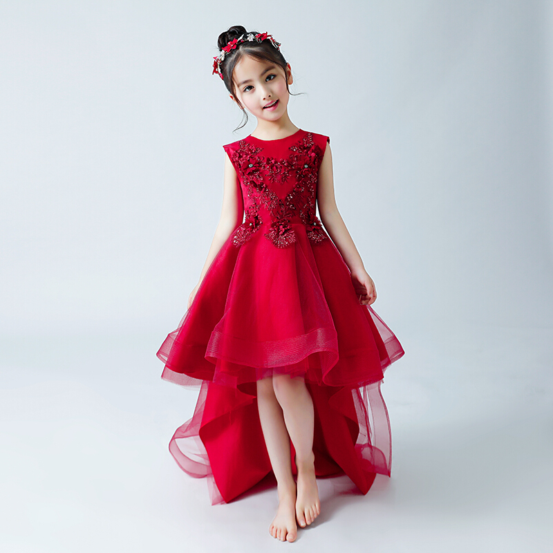 儿童礼服公主裙蓬蓬纱女童红色走秀晚礼服拖尾小主持人钢琴演出服