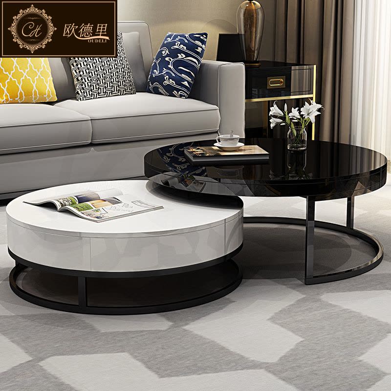 欧德里 现代简约创意茶台黑白圆形北欧大小户型茶几桌子客厅家具图片