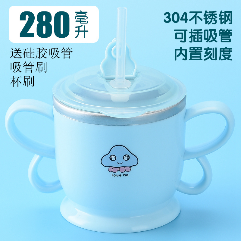 家柏饰(CORATED)宝宝吸管杯茶杯密封盖防漏防摔儿童不锈钢学饮水杯幼儿园带刻度牛奶杯高清大图