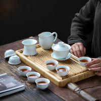 苏氏陶瓷 (SUSHI CERAMICS) 茶具茶盘套组 青白瓷简约8杯茶具配细水长流竹木茶盘