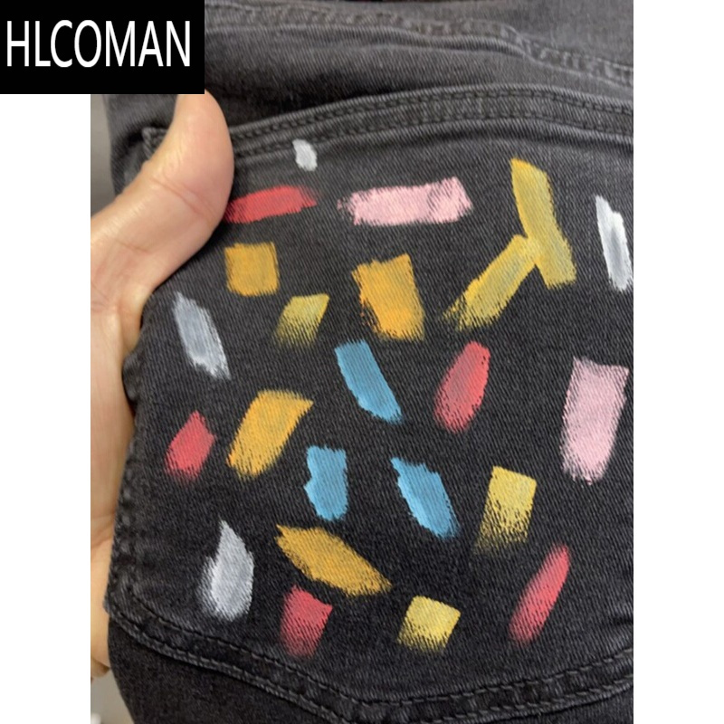 HLCOMAN高端水洗黑色牛仔短裤男潮牌印花不规则青年五分裤潮痞帅5分中裤
