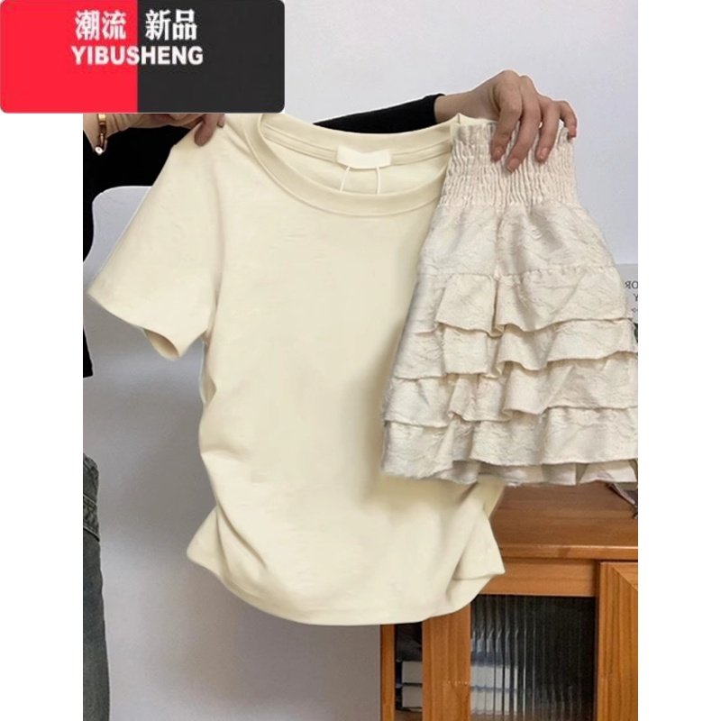 YIBUSHENG杏色正肩短袖t恤女季新款设计感小众法式掐腰小个子U型短款上衣 杏色纯净版 M