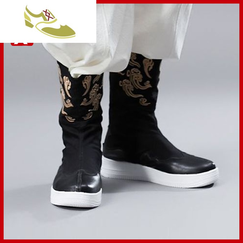 喻娄品牌老北京中筒帆布鞋男中国风祥云刺绣复古官靴古代汉服靴子古装