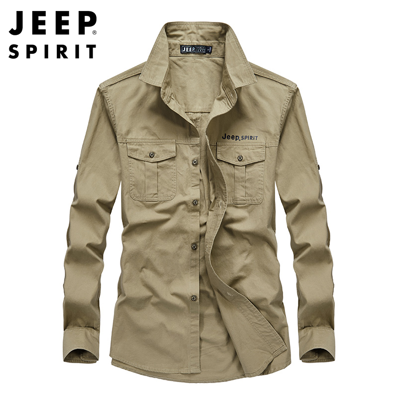 JEEP SPIRIT吉普男士纯棉衬衫工装户外休闲长衬春秋水洗棉舒适透气衬衣长袖衬衫男