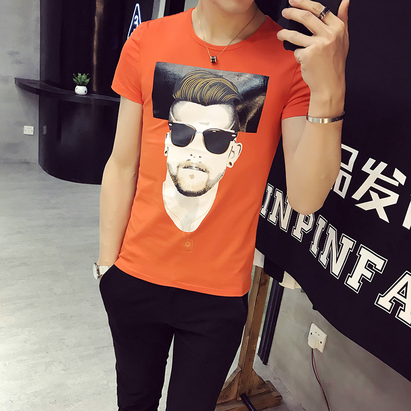 小码夏季欧美人物印花圆领男士短袖T恤韩版半袖社会帅气紧身体恤