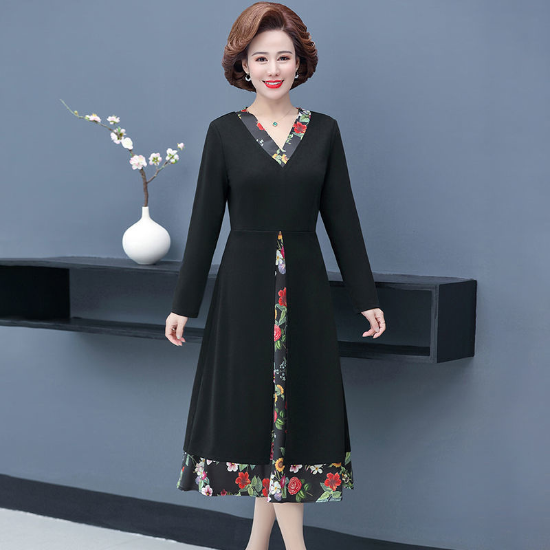 雪暖春季长袖假两件连衣裙女中老年妈妈装春秋洋气裙子中长款