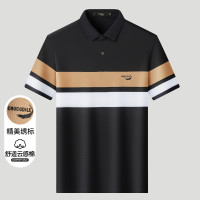 鳄鱼恤CROCODILE 中青年透气条纹撞色短袖商务POLO衫男 50码 黑色