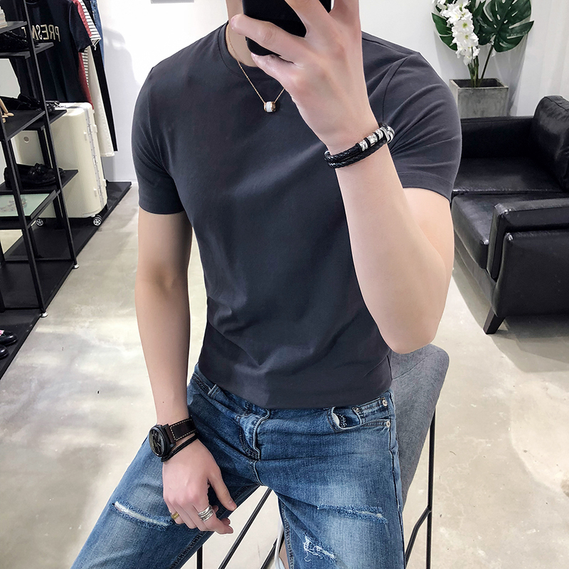 棉男士纯色打底衫夏款修身圆领短袖T恤青少年学生透气时尚摄影潮