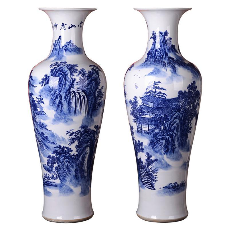 景德镇陶瓷器大花瓶手绘青花山水新房酒店客厅落地装饰品摆件 三维工匠 云山秀峰图花瓶1.6米