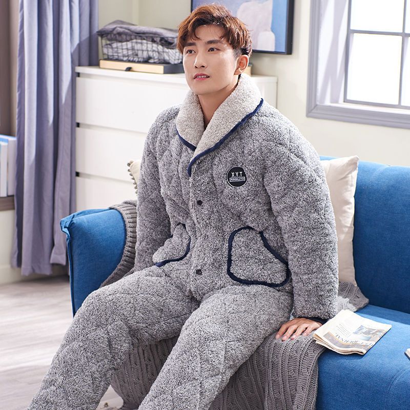 波迷娜bomina男士睡衣男冬季珊瑚绒夹棉三层加厚保暖长袖服套装18883
