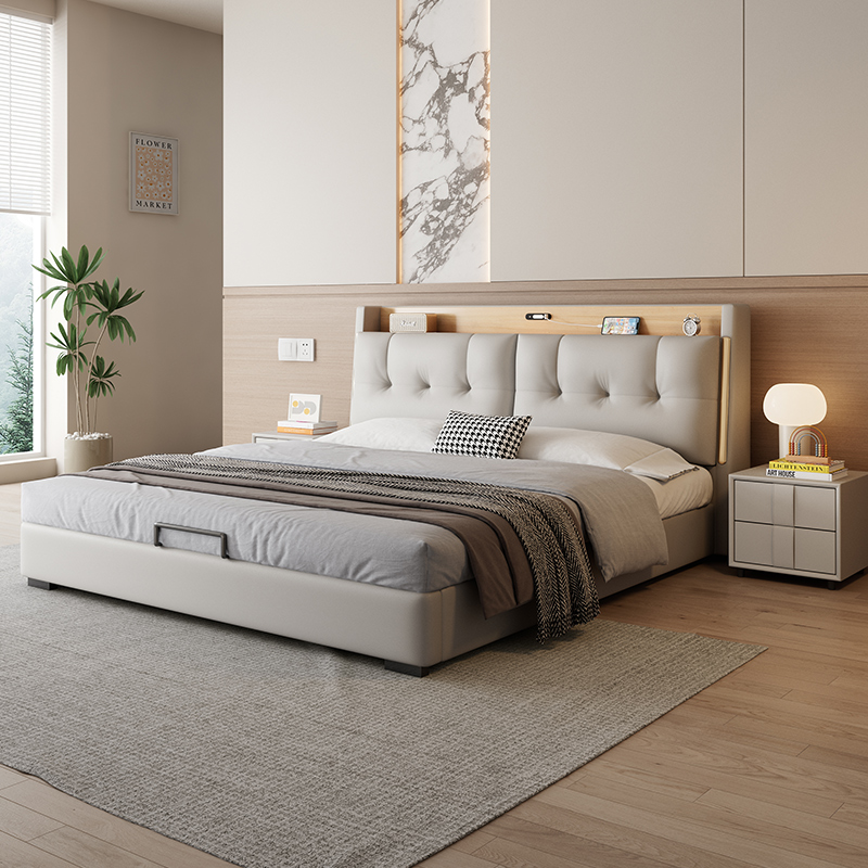 意式极简真皮床轻奢现代简约主卧室双人床家用实木储物床软包婚床高清大图