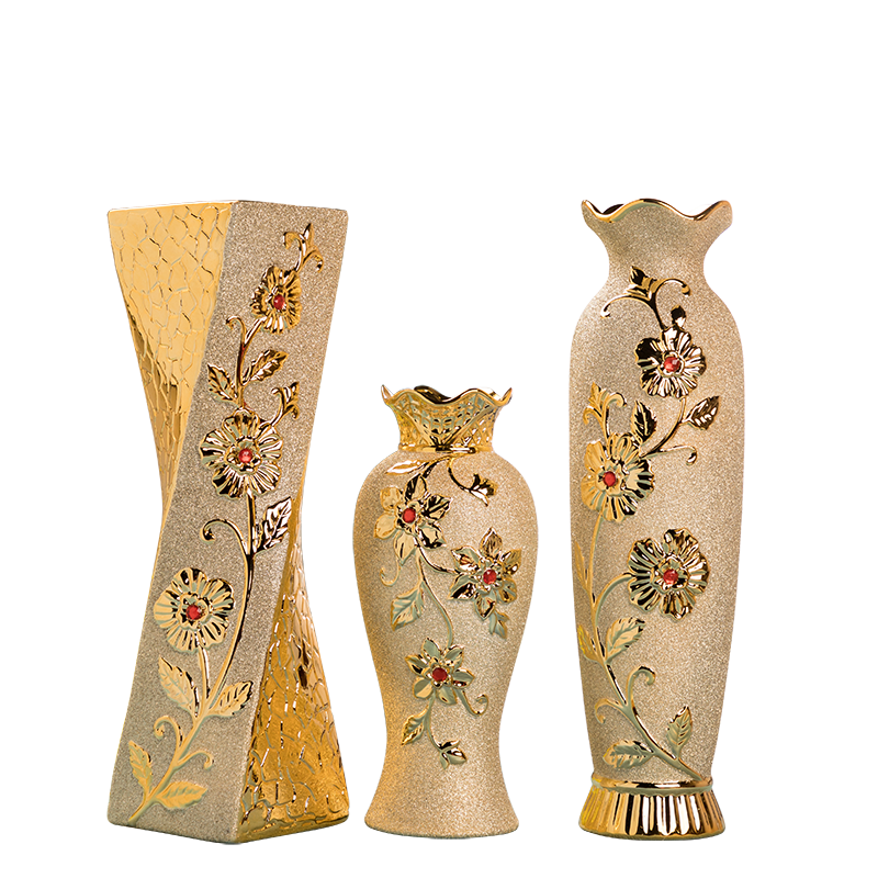 陶瓷花瓶高筒现代家居大件摆件金色花朵 客厅插花花艺花器向日葵 三维工匠 47厘米金色曲高清大图