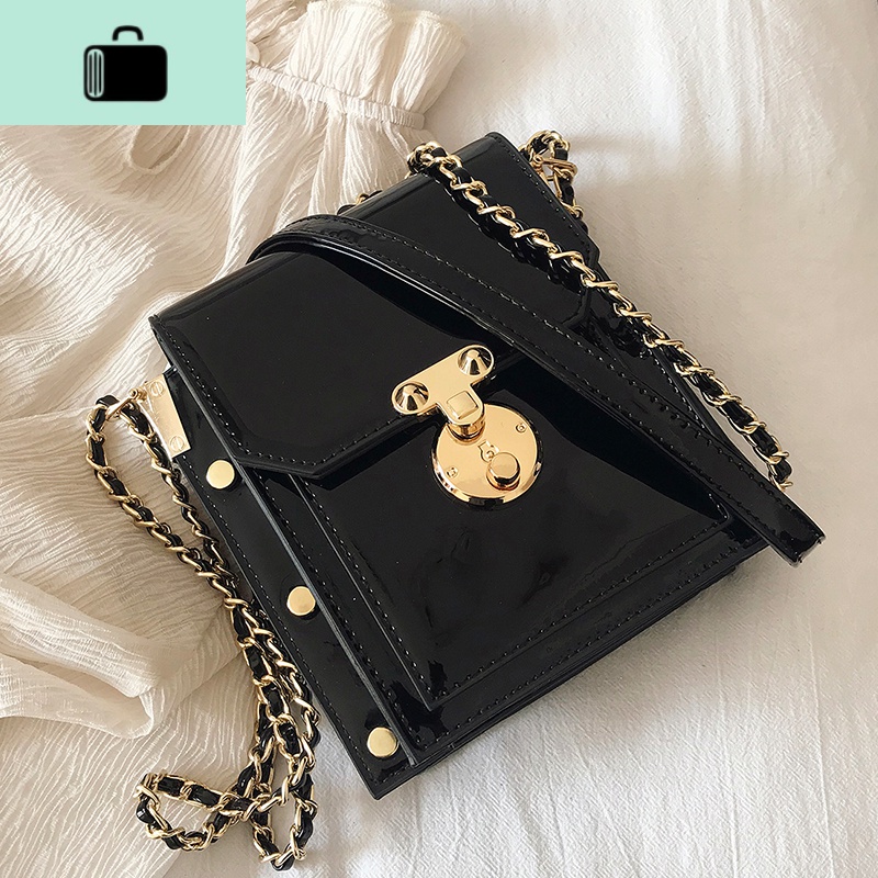 ins超火漆皮亮面包包女2020新款韩版时尚百搭链条单肩斜挎水桶包NEWLAKE高清大图