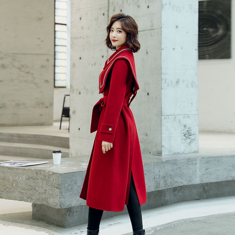 酒红色毛呢外套女秋冬装长款海军领气质赫本风呢子大衣收腰显瘦