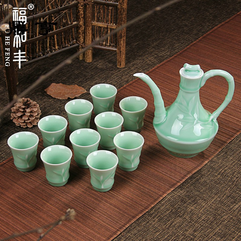 鼎亨仿古青瓷白酒酒具套装陶瓷酒壶黄酒小酒杯分酒器高脚杯