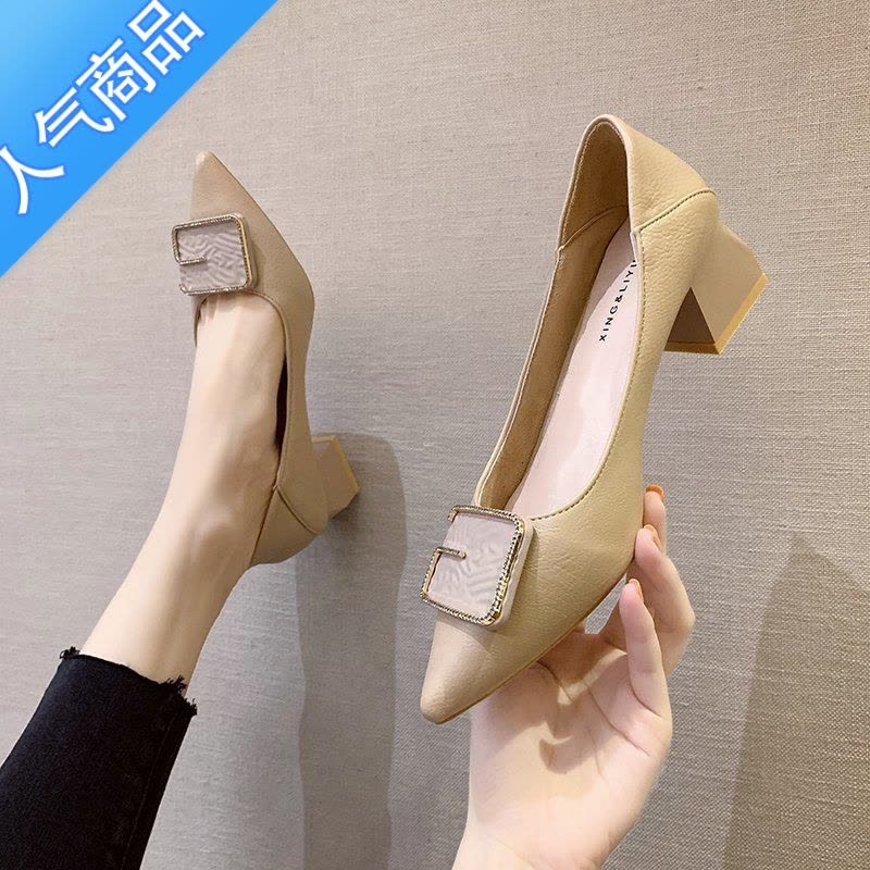 SUNTEK高跟鞋女春2023新款浅口女鞋子尖头粗跟中跟职业法式少女百搭单鞋图片