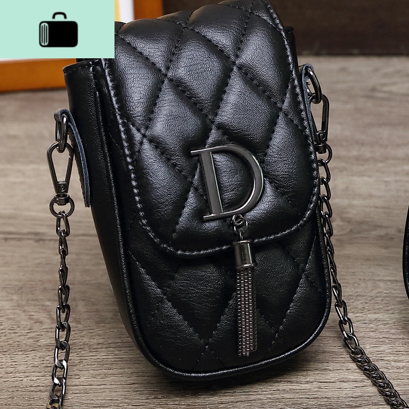 手机袋韩版新款菱格可爱链条女包迷你小包包手机包零钱包斜跨女包NEW LAKE 黑色D+送卡包