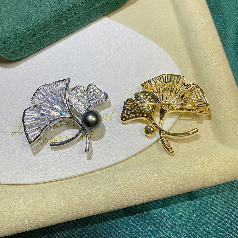 [DIY配件]铜镀金微镶锆石银杏叶胸针女别针 9-10mm珍珠胸花空托(不含珠)高清大图