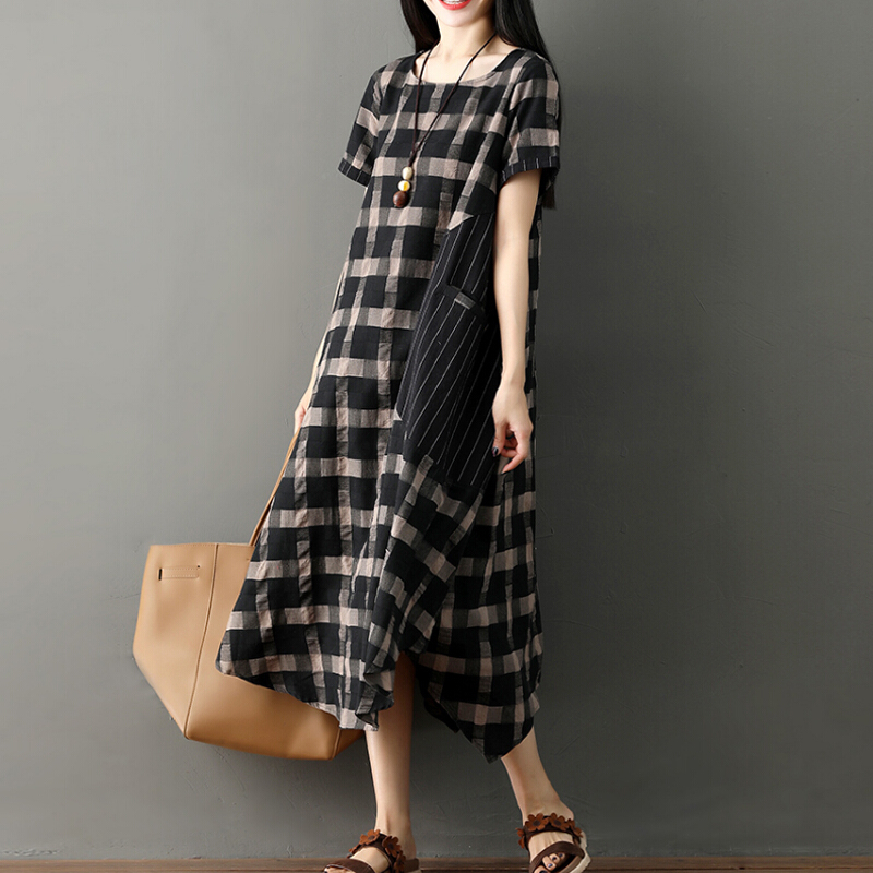 迪鲁奥(DILUAO)2021夏装新款时尚短袖棉麻格纹中长连衣裙韩版显瘦宽松大码孕妇裙 黑色