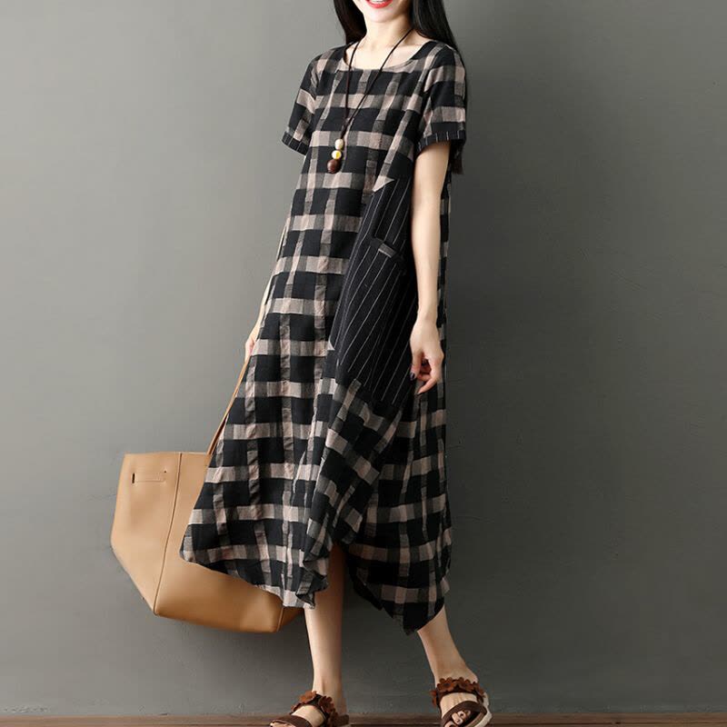 迪鲁奥(DILUAO)2021夏装新款时尚短袖棉麻格纹中长连衣裙韩版显瘦宽松大码孕妇裙 黑色图片