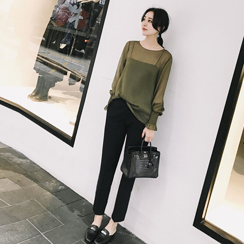 西装裤女萝卜裤春裤子2018新款高腰九分直筒烟管女裤休闲哈伦裤夏黑色[磨毛料]
