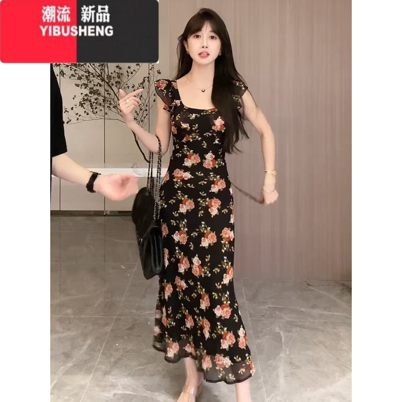 YIBUSHENG浪漫小飞袖碎花连衣裙女季法式复古气质设计感高腰初恋精致裙子