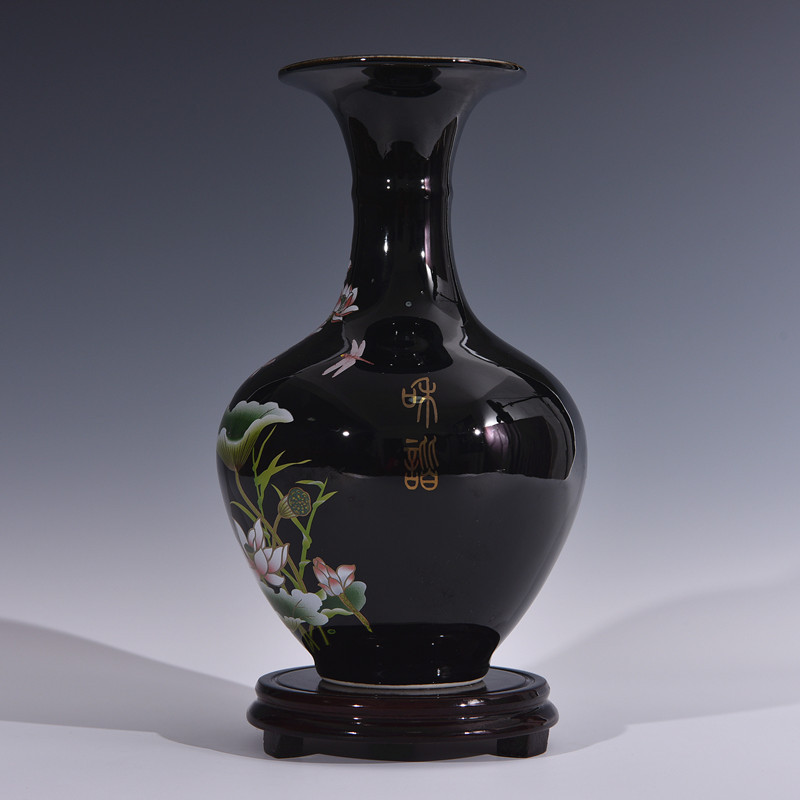 陶瓷器乌金釉花瓶现代家居客厅装饰品摆件荷花粉彩赏瓶-乌金釉赏瓶 送