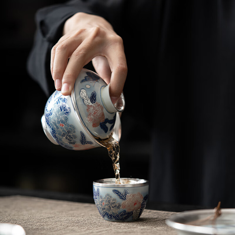 苏氏陶瓷/SUSHI CERAMICS J0940 鎏银国礼牡丹三才盖碗茶具套装礼盒 (单位:盒)高清大图