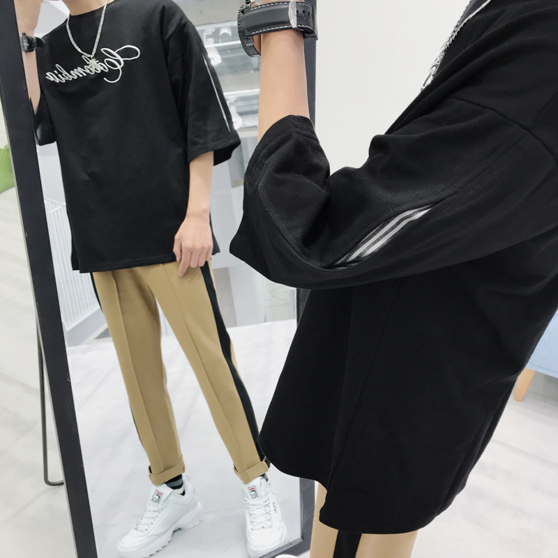 港风2018夏新帅气半袖宽松小清新T恤男女短袖 圆领五分袖情侣中袖