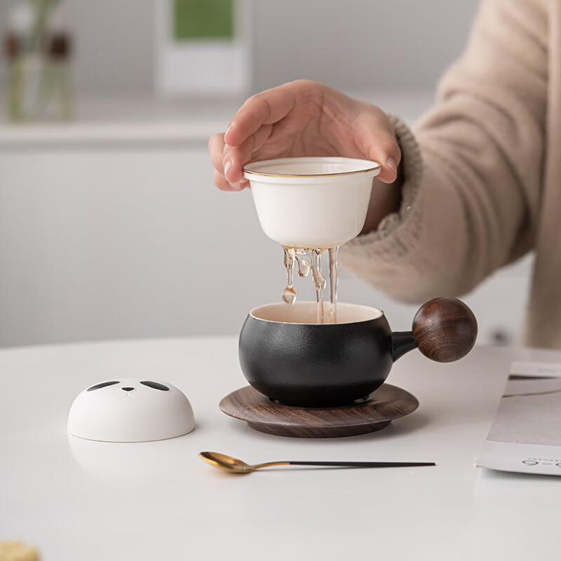 苏氏陶瓷/SUSHI CERAMICS J0886 熊猫茶水分离办公茶格杯咖啡杯(黑)高清大图